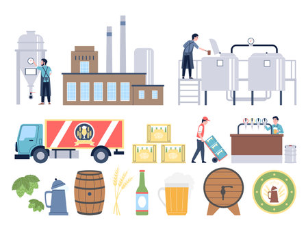 Brewery elements and factory scenes. Flat pub drinks, industrial selection brew. Draft beverage manufacturing and logistic, recent vector conceptのイラスト素材