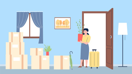 Moving in new apartment. Woman and boxes with things. Female character get in in new home with plant, flat move vector conceptのイラスト素材