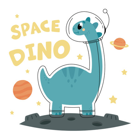 Dinosaur explorer space in astronaut costume. Boy fabric print with dino, funny cute space adventures graphic art, classy cartoon vector sceneのイラスト素材