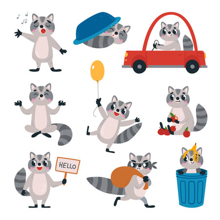 Funny cartoon raccoon set. Raccoons in diverse poses, cute flat woodland animals. Small playing wild animal, classy vector childish charactersのイラスト素材