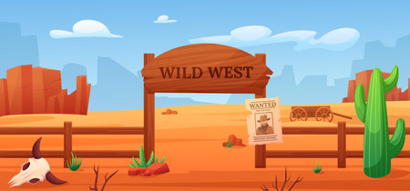 Cartoon wild west scene. Mexican or texas desert, welcome board game location. Savannah plant, wood western fence nowaday vector backgroundのイラスト素材