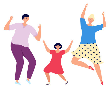 Happy people dancing. Joyful women and kid celebratingのイラスト素材