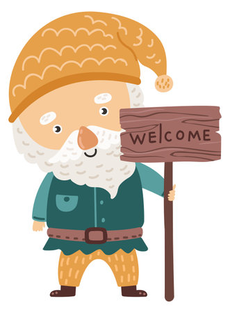 Cute bearded gnome with welcome banner. Friendly dwarfのイラスト素材
