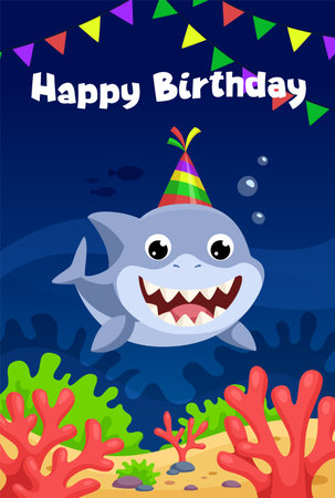 Funny shark underwater happy birthday card templateのイラスト素材