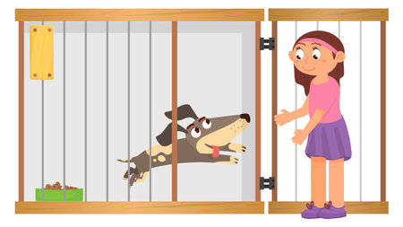 Girl in dog shelter with happy puppy cartoon illustrationのイラスト素材