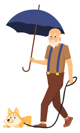 Old man walking with dog under rain. Cartoon happy seniorのイラスト素材