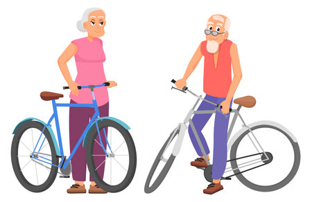 Happy seniors on bicycles. Old active couple charactersのイラスト素材