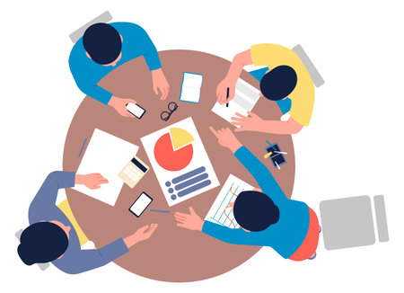 Coleagues discuss statistics report. Meeting table top viewのイラスト素材