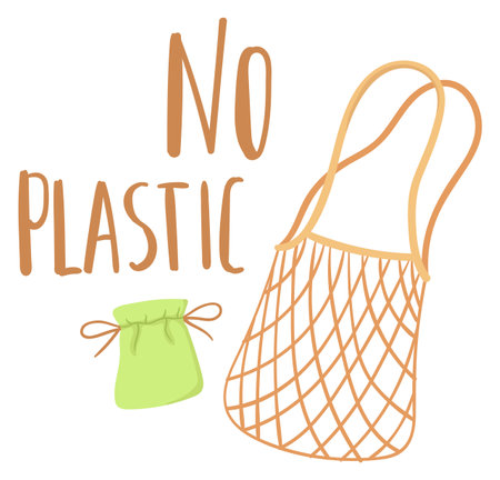No plastic sticker. Reusable shopping mesh bagのイラスト素材