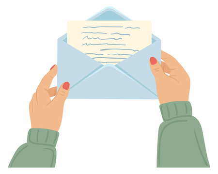 Open letter in human hands. Handwritten paper in envelopeのイラスト素材