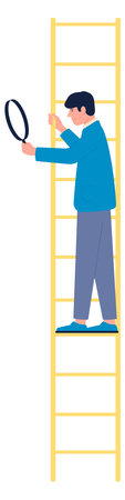 Man on ladder with magnifying glass. Business research strategyのイラスト素材