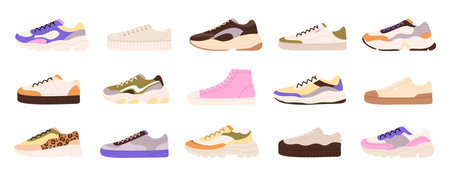 Sneakers design, shoes sports teenager. Footwear fashionable for recreation and sport. Comfort male sneaker, comfortable pairs racy vector sportswearのイラスト素材