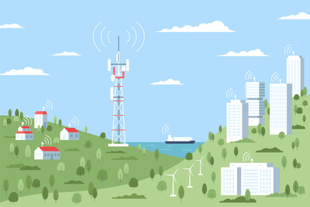 Wireless tower in village valley, traffic internet landscape. It city, antenna construction and cellular satellite network or mobile signal recent vector sceneのイラスト素材