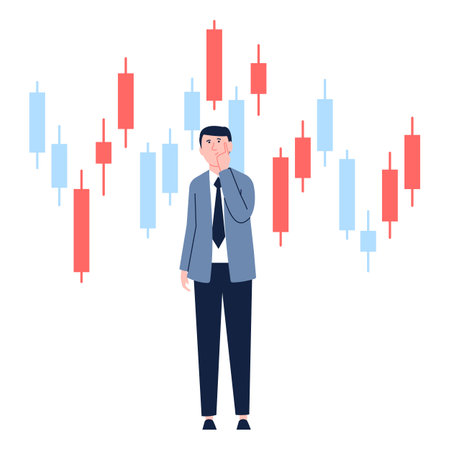 Businessman and candlestick chart. Professional selling equity on exchange. Investment trader and candle indicators recent vector sceneのイラスト素材