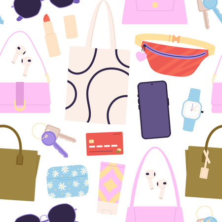 Fashion bags seamless pattern. Female cosmetics and accessories, keys and smartphone. Decorative girly elements, handbag racy vector backgroundのイラスト素材