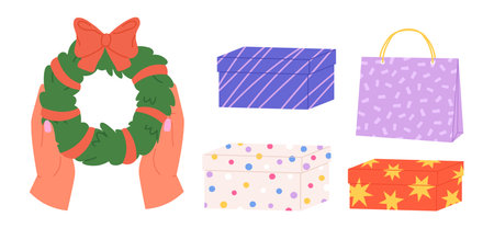 Hands hold christmas wreath with bow. Xmas holidays gifts boxes, present bag. Isolated winter party elements, gift and decoration vector setのイラスト素材