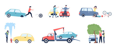 Road accidents, car accident and danger on roads. Damage transport, traffic help. Vehicle wreck, flat insurance ocasion recent vector scenesのイラスト素材