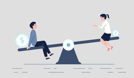 Salary gender gap metaphor. Business people competition, office workers on unbalanced desk. Dispute corporate, vector working sceneのイラスト素材