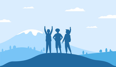 Friends on mountain, setting and achieving goals metaphor. Happy people group silhouette, flat person vacation on nature recent vector sceneのイラスト素材