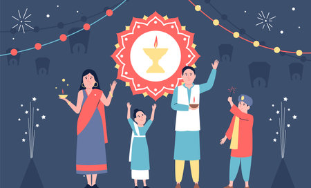 Family celebrating Diwali together. Indian traditional characters with fire and festive props. Holiday in India, lantern and garlands recent vector backgroundのイラスト素材