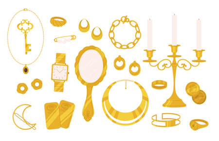 Gold accessories and jewelry. Golden necklace and key, earrings and bracelet. Luxury things, royal coins and watch. Female vintage racy vector setのイラスト素材