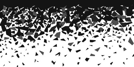 Black particles falling. Geometric minimal banner with shatter debris. Breaking plastic elements background. Flying broken glass racy vector posterのイラスト素材