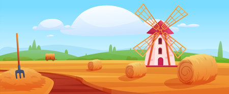 Hay rural landscape, countryside. Agriculture field with windmill and hays. Harvest time in village, farmland and road nowaday vector sceneのイラスト素材