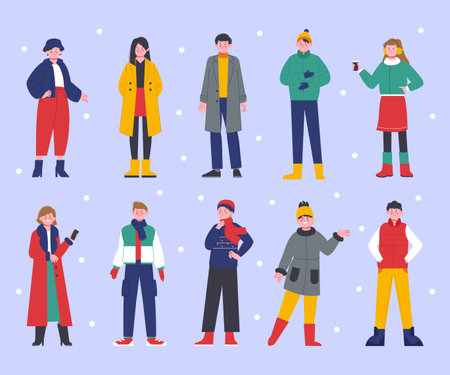 Stylish winter people. Snowy season fashion characters, happy male and female wear warm clothes and accessories. Trendy teens splendid vector setのイラスト素材