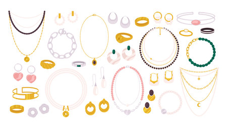 Flat gold silver jewelry collection. Ring and necklace, earrings with pearls and stones. Flat fashion female accessories racy vector clipartのイラスト素材