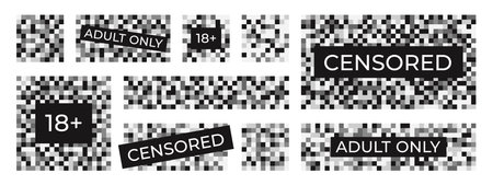 Censored elements different design. Pixel blurred squares, censor symbols. Pixelation censorship bars, flat adults content closed racy vector setのイラスト素材