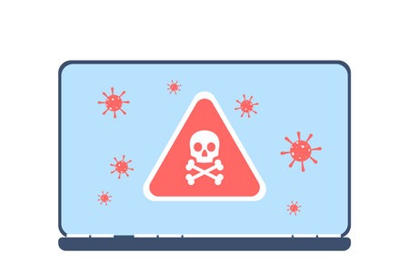 Virus alert detection on laptop screen. Scamming or spamming, threat of phishing, trojan or malware. Message hacker, antivirus work recent vector conceptのイラスト素材