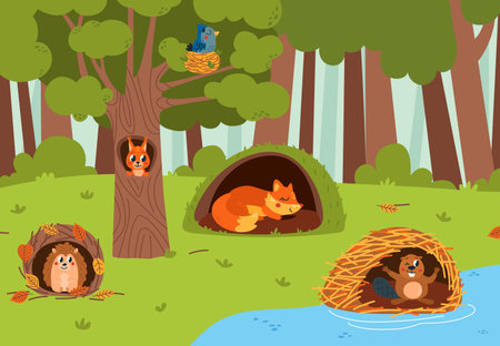 Woodland animals in holes forest landscape. Cute cartoon fox, squirrel and hedgehog. Cartoon beaver on dam and bird in nest classy vector backgroundのイラスト素材