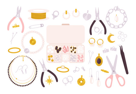 Jewelry making tools and accessories. Creating necklace and bracelet, needlework and handcrafting. Beads, scissors and pins, racy vector workshop setのイラスト素材
