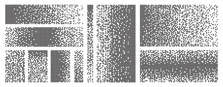Dispersed elements. Pixelated squares, destruction on fragments. Flat black dispersion element, pixel disintegration backgrounds racy vector collectionのイラスト素材