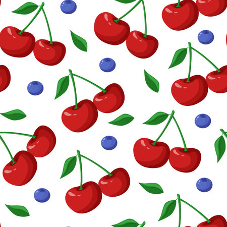 Berries seamless pattern. Sweet cherries template, sweet berry fabric print. Healthy food ingredient, agriculture fresh product. Nowaday vector backgroundのイラスト素材
