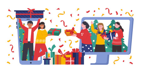 Online gifts exchange. Digital gift, distant friendship or online call with family. Cute modern teens in social media giving presentのイラスト素材