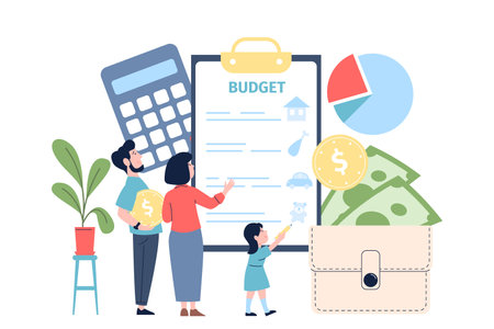 Family budget planning. Child and parents outline expenses. Household and financial management. Allocation money for different items recent vector sceneのイラスト素材