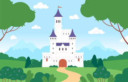 Fairy castle on fantasy meadow in forest. Tale landscape with medieval building for princess or king. Housing with gates, towers and flags racy vector backdropのイラスト素材