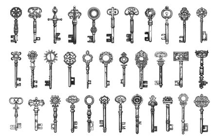 Vintage keys engraving. Old antique key set sketch drawing, secret ornat medieval clefs, treasure renaissance victorian ecthing clue artworks on whiteの素材
