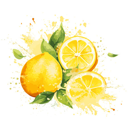 Juicy lemons watercolor composition. Lemon and juice splashes, colorful liquid vector concept. Fresh vitamin concept, seasonal lemonade designの素材