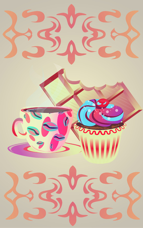 Yellow coffee mug with chocolate and cakeのイラスト素材