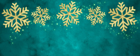 Vintage Blue Green Christmas Banner With Gold Snowflakes and Lightsの写真素材