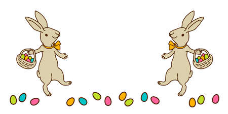 Vector Easter illustration isolated on white background. Two easter bunnies with baskets jumping and hilding colored eggs.の写真素材