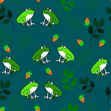 Vector seamless pattern with happy frogs in love with strawberry in night garden.のイラスト素材