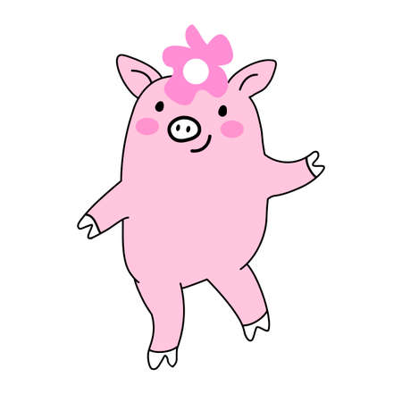Dancing funny pink pig with flower on head. Cute cartoon vector illustration isolated on white background. Can be used for greeting card, T-shirt, holiday decorationのイラスト素材