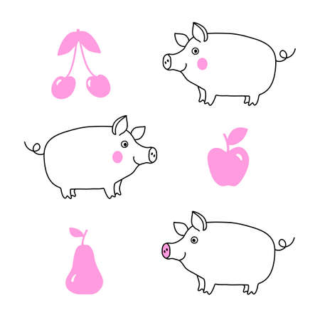 Smiling happy pig and fruits vector illustration. Hand drawn doodle set of apple, cherry, pear, funny pigs.のイラスト素材