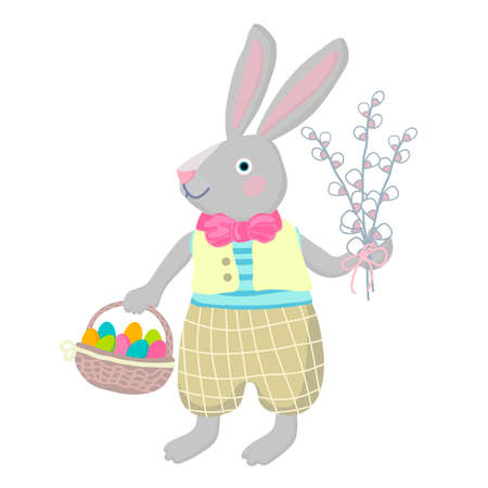Easter bunny carries basket with colorful eggs and willow branch bouquet.Cartoon vector illustration in pastel colors isolated on white background.のイラスト素材