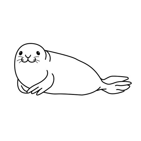 Vector hand drawn outline doodle icon fur seal isolated on white background. Happy seal lying on the beach and smiling. Ocean animal illustration.のイラスト素材