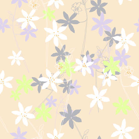 Delicate blooming white flowers in pastel colors seamless pattern. Hand drawn floral vector illustration for textile, fabric, bed linen, wrapping paper, wedding design.のイラスト素材