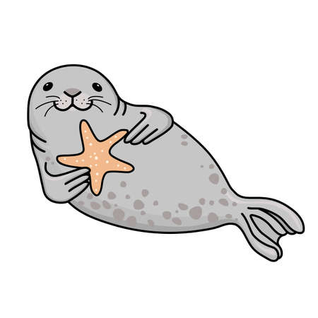 Happy cheerful gray fur seal lies on its side, holds a starfish in its paws and smiles at you. Vector doodle ocean animal illustration isolated on white background.のイラスト素材